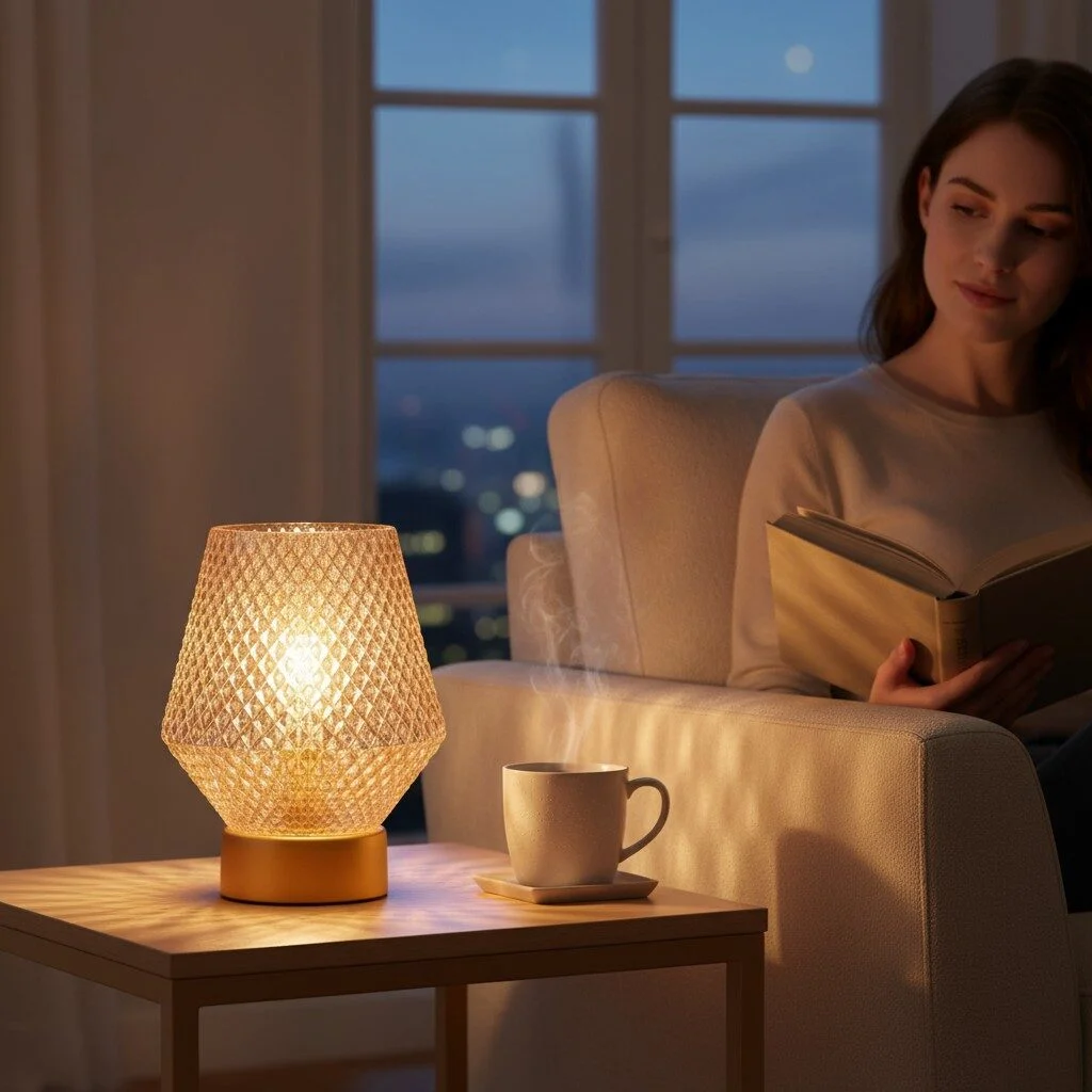 Glazen tafellamp Pieta goud met amber glas